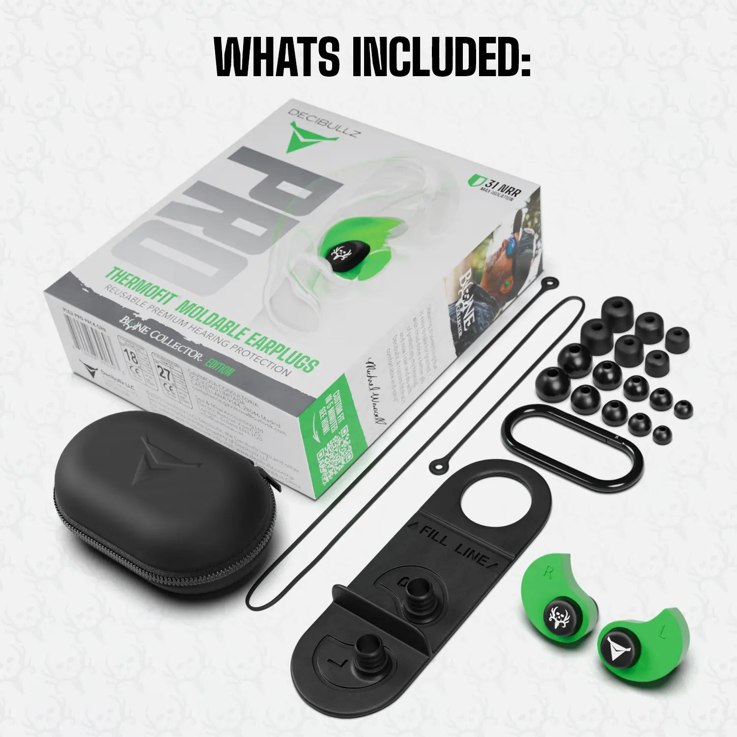 Decibullz PRO Custom Molded Earplugs 31dB NRR Pro-Pack with Case and Lanyard Bone Collector Edition