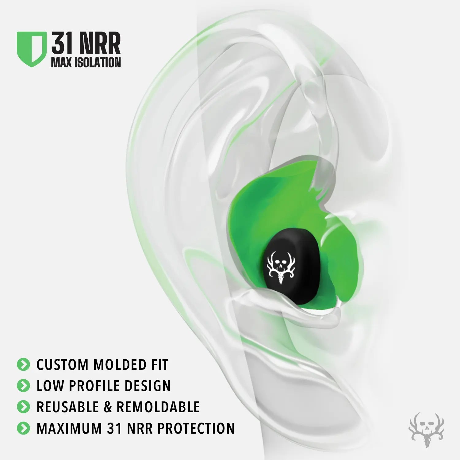 Decibullz PRO Custom Molded Earplugs 31dB NRR Pro-Pack with Case and Lanyard Bone Collector Edition
