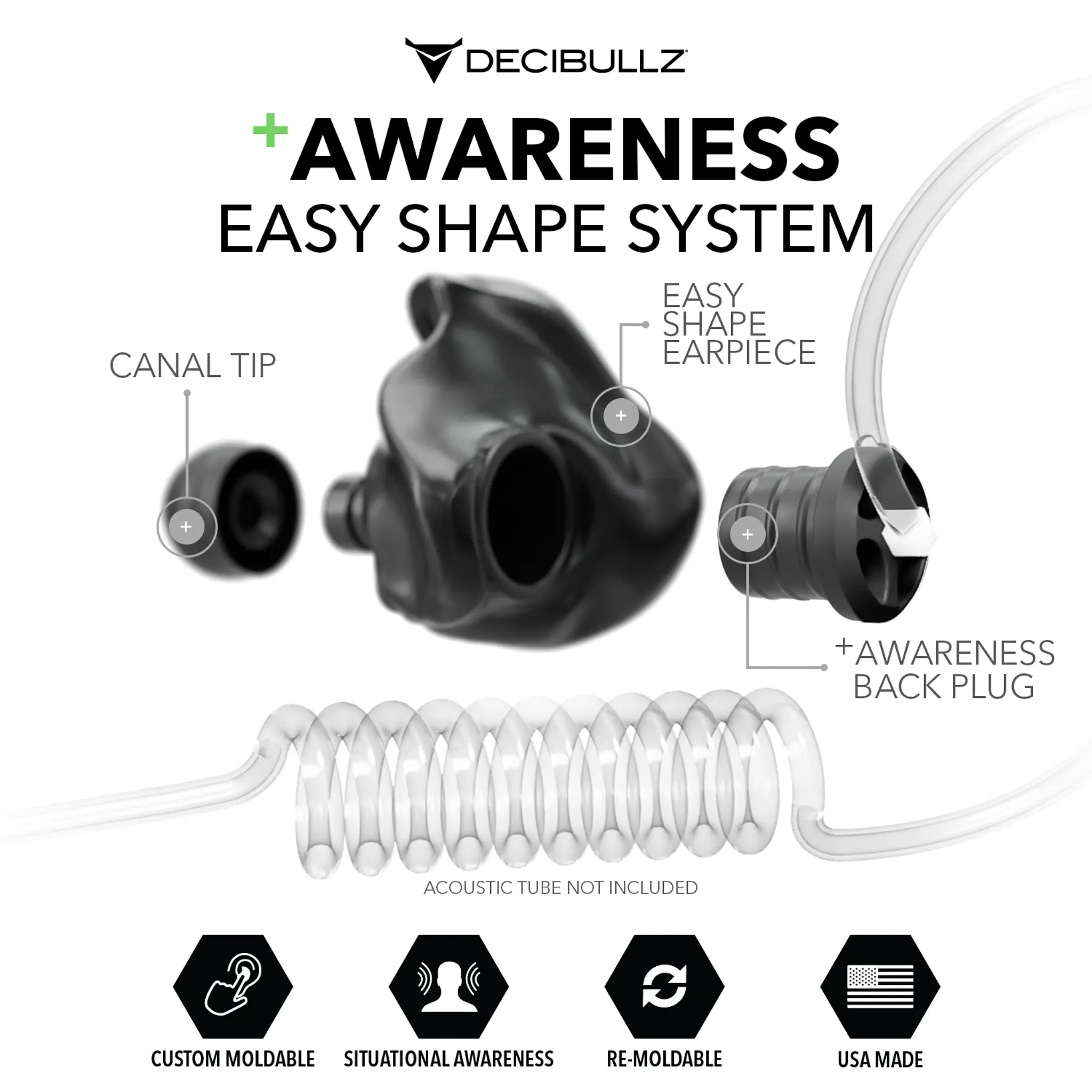 Decibullz Custom Moldable Awareness Earpiece for Clear Tube, Radio, Surveillance, and Communication Headsets