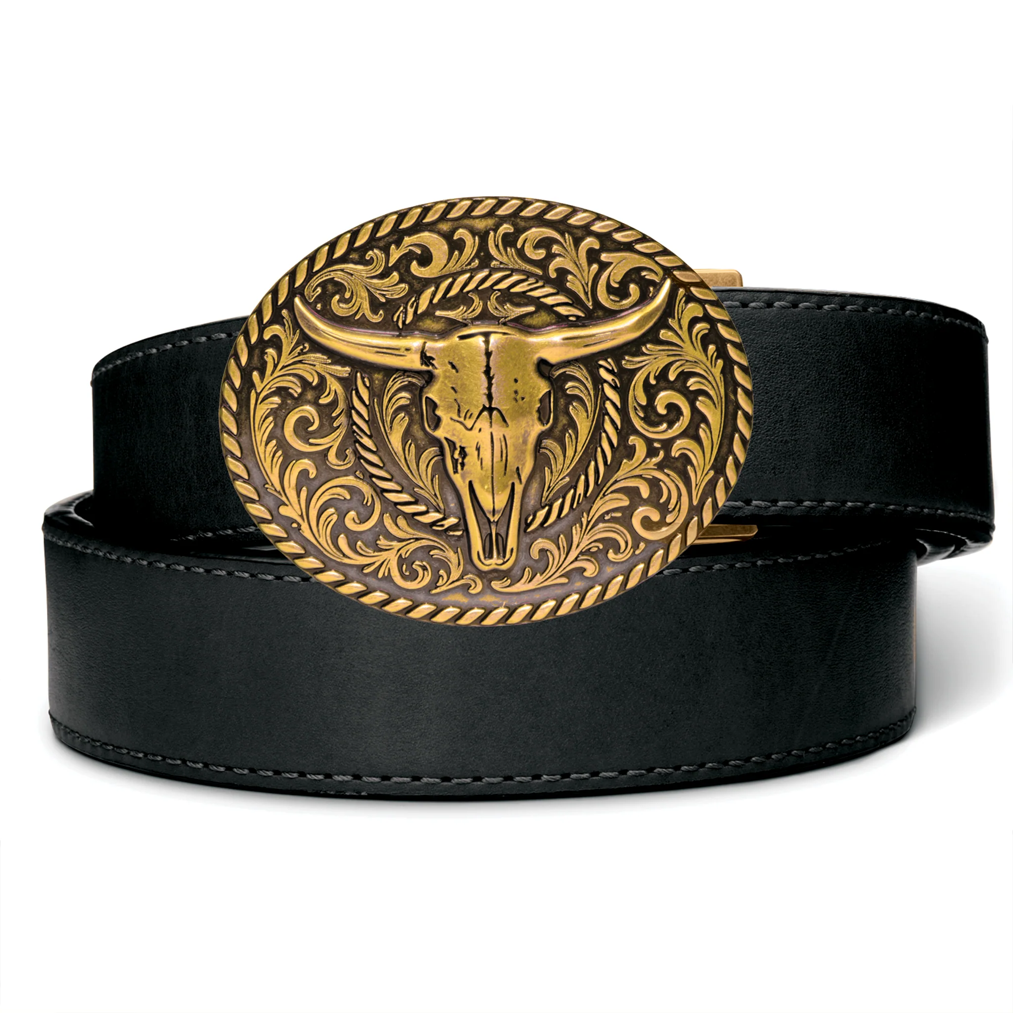 Kore Essentials Ranch Series Bull Skull Antique Brass Buckle and Belt