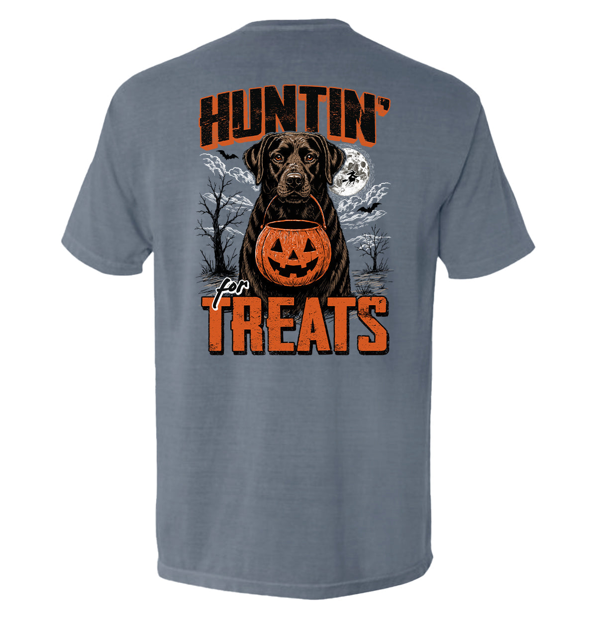 Shield Republic Huntin' For Treats Chocolate Lab | Halloween Hunting Dog Graphic T-Shirt