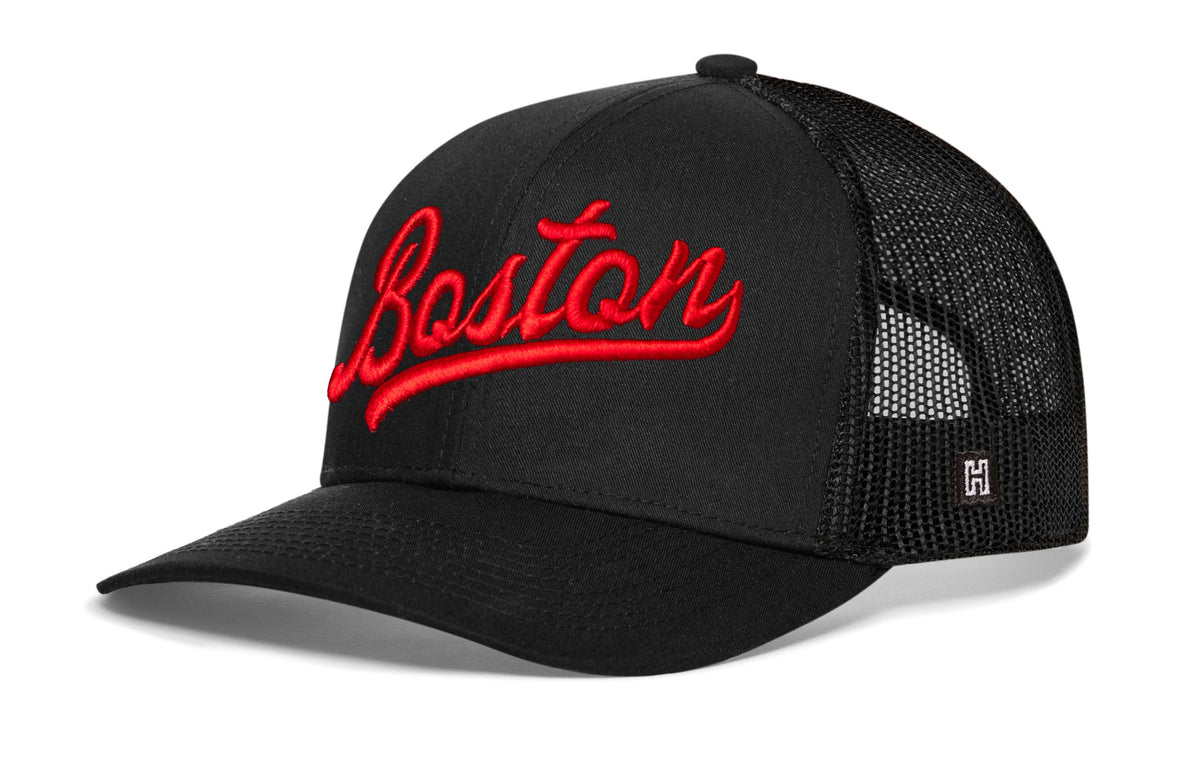 Boston Red Script Trucker Hat | Massachusetts Snapback