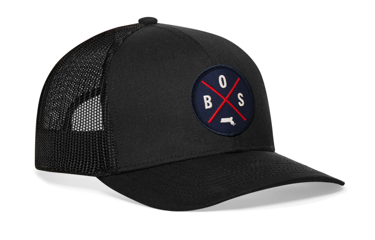 Boston Trucker Hat | Navy-Red BOS X | Black Snapback
