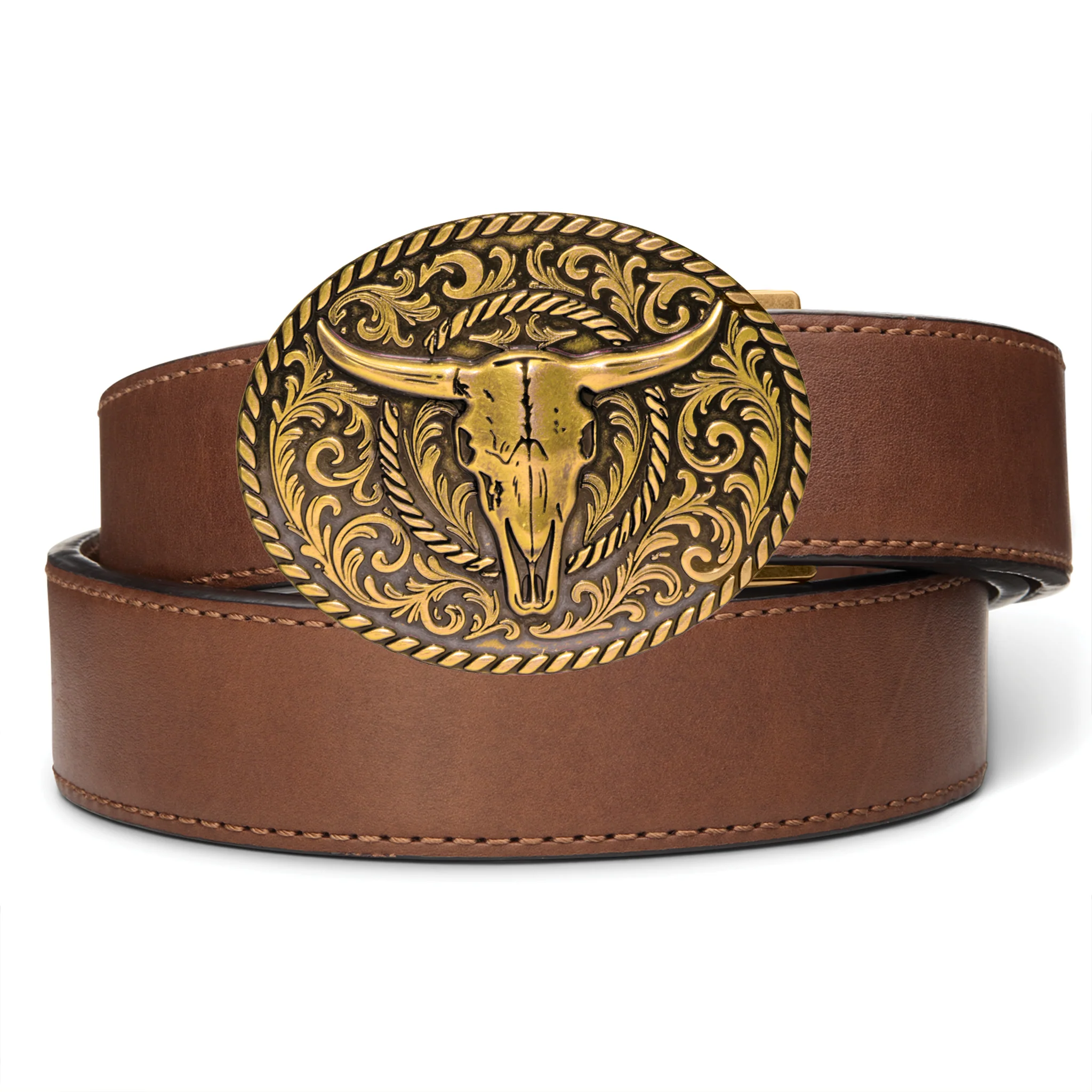 Kore Essentials Ranch Series Bull Skull Antique Brass Buckle and Belt