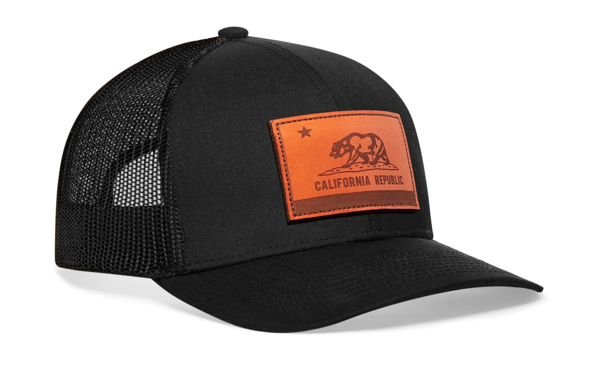 California Flag Trucker Hat Leather | Black CA Snapback