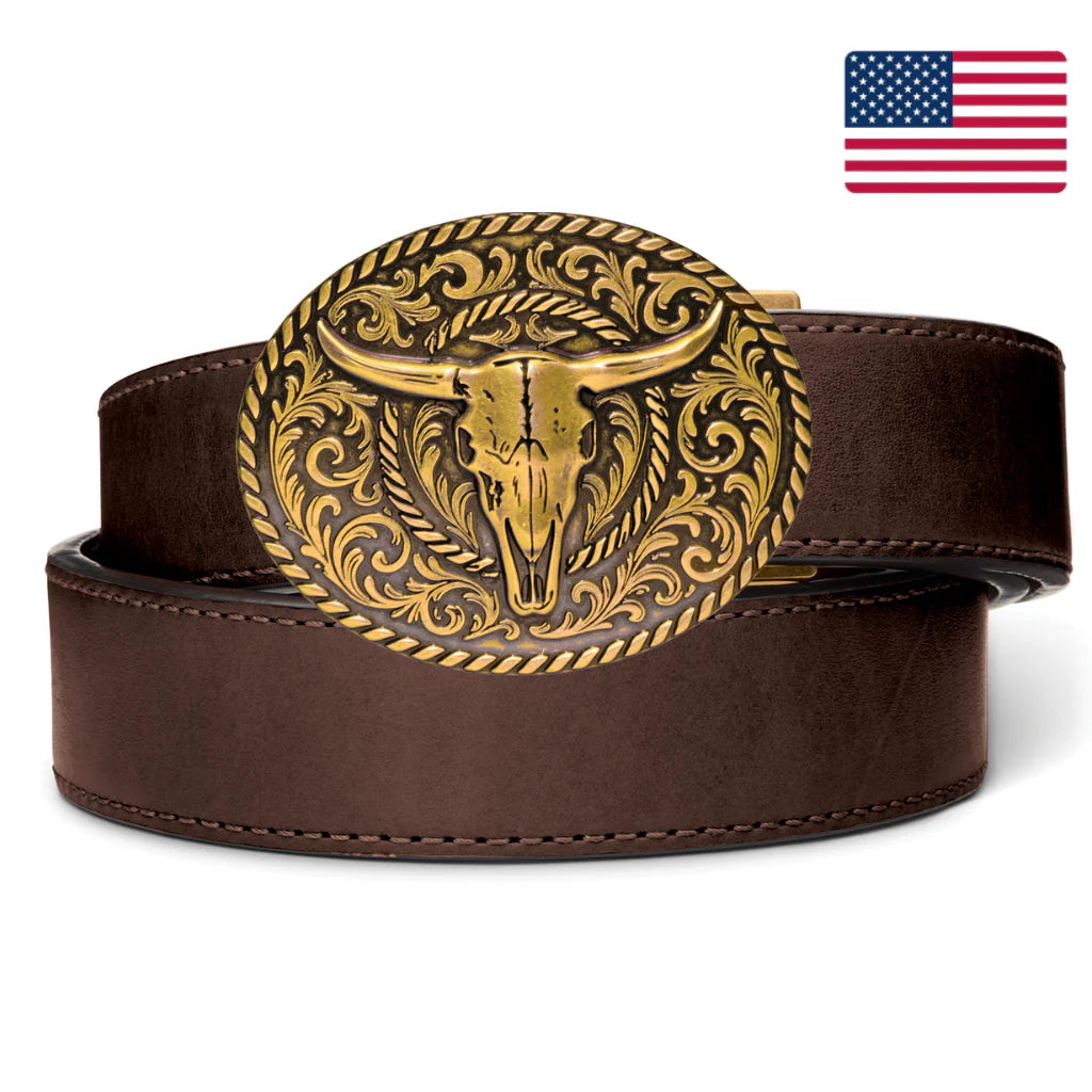 Kore Essentials Ranch Series Bull Skull Antique Brass Buckle and Belt