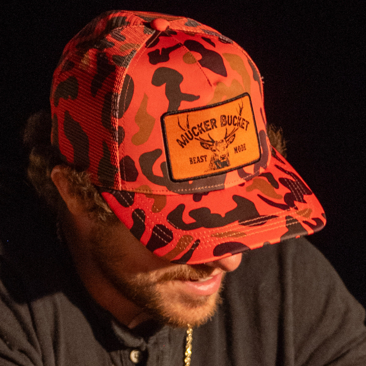 Mucker Bucket Beast Mode Orange Camo Trucker Bucket Hat