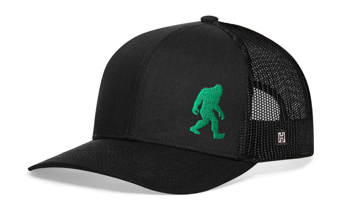 Green Bigfoot Trucker Hat | Black Sasquatch Snapback