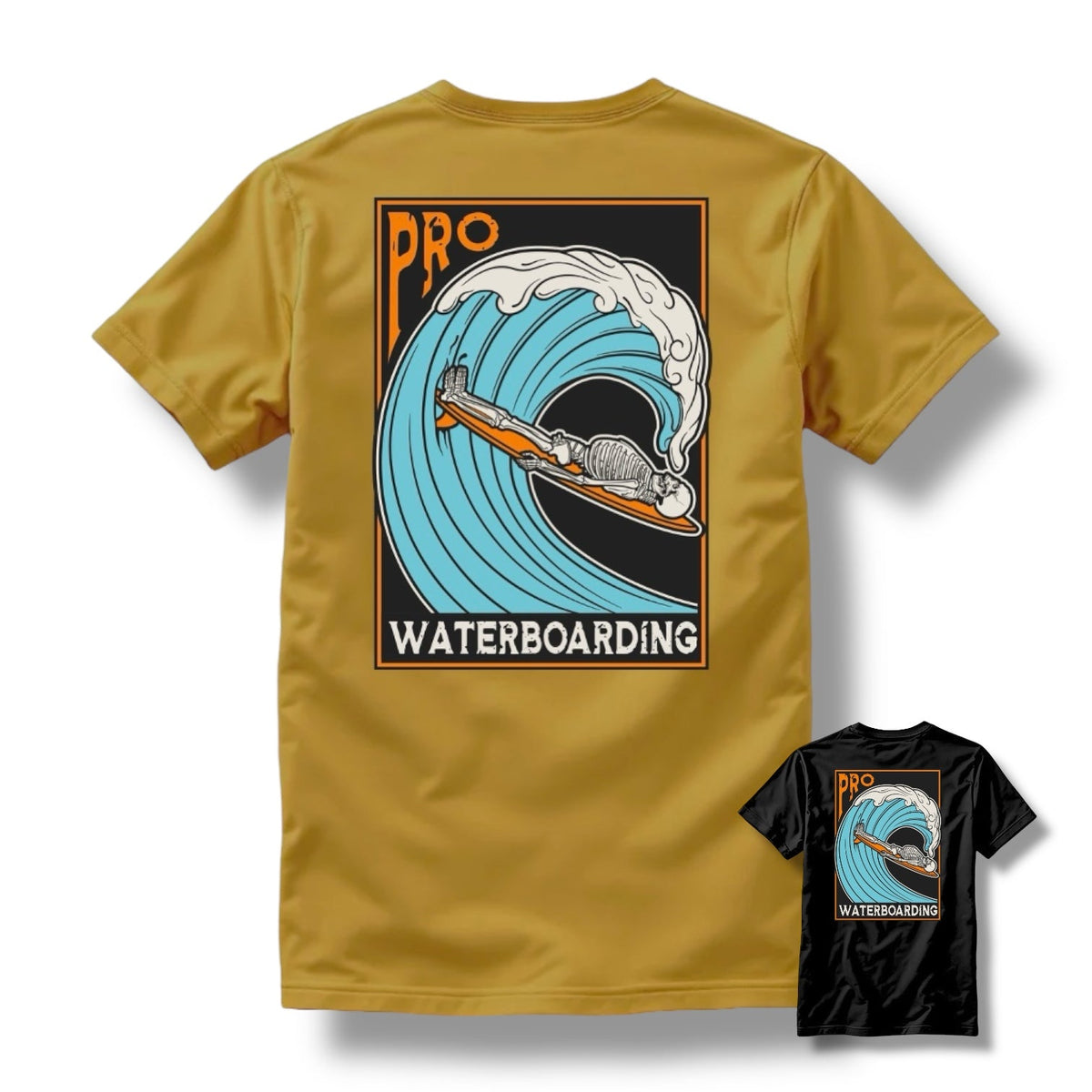 "WATERBOARDING" TEE (HEATHER BLACK / MUSTARD)