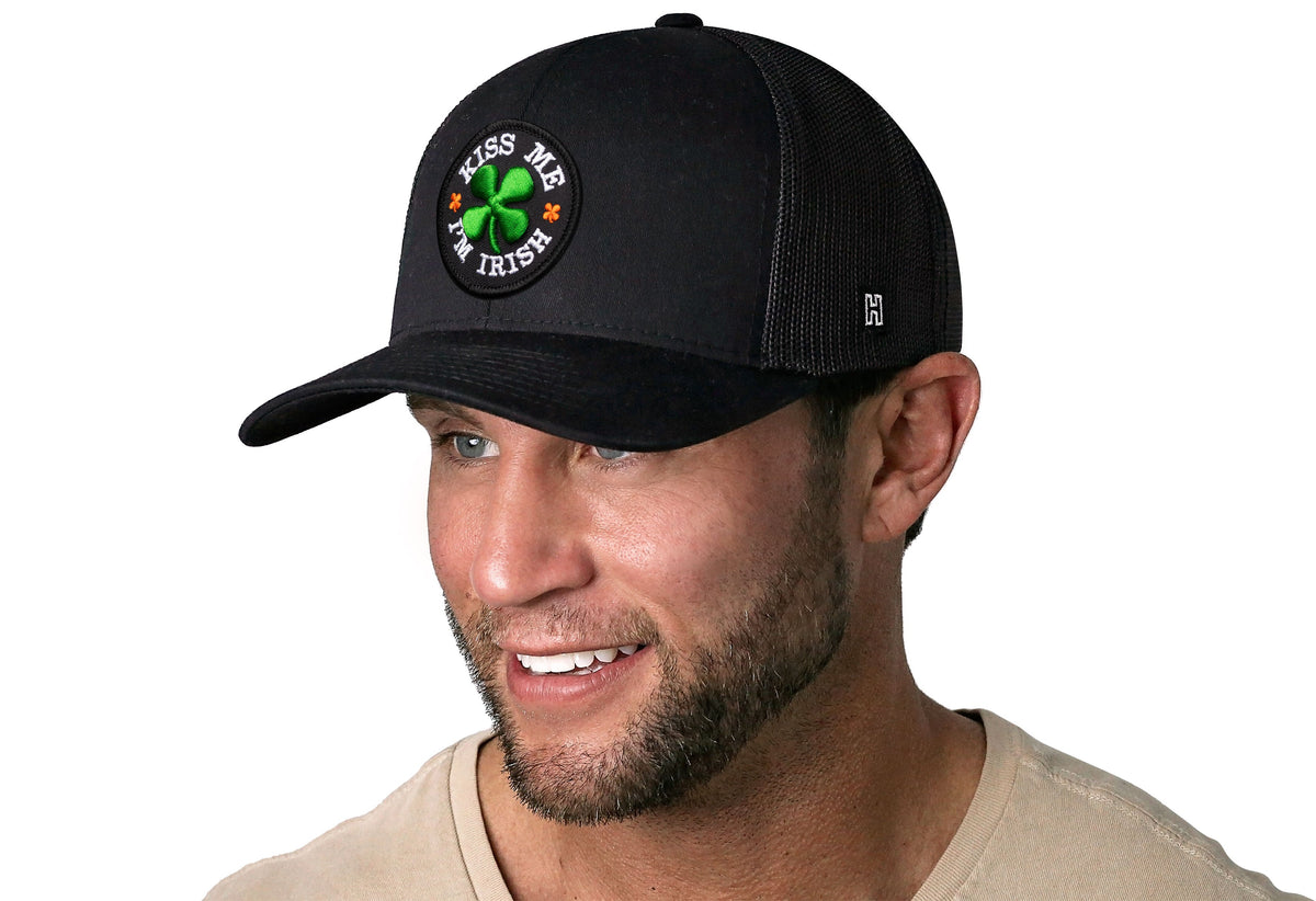 Kiss Me I'm Irish Trucker Hat | Black Shamrock Snapback