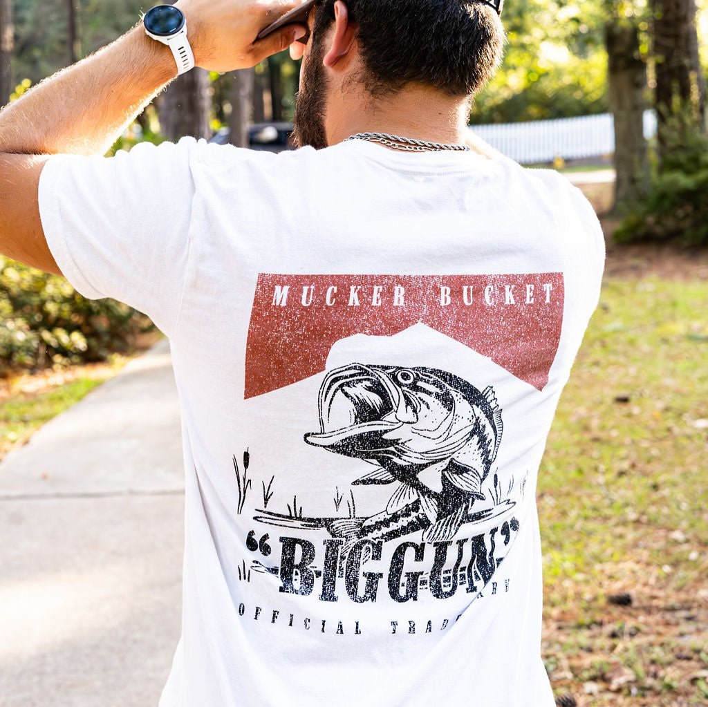 Mucker Bucket Biggun White Premium Tee | Hunting & Outdoor Graphic T-Shirt