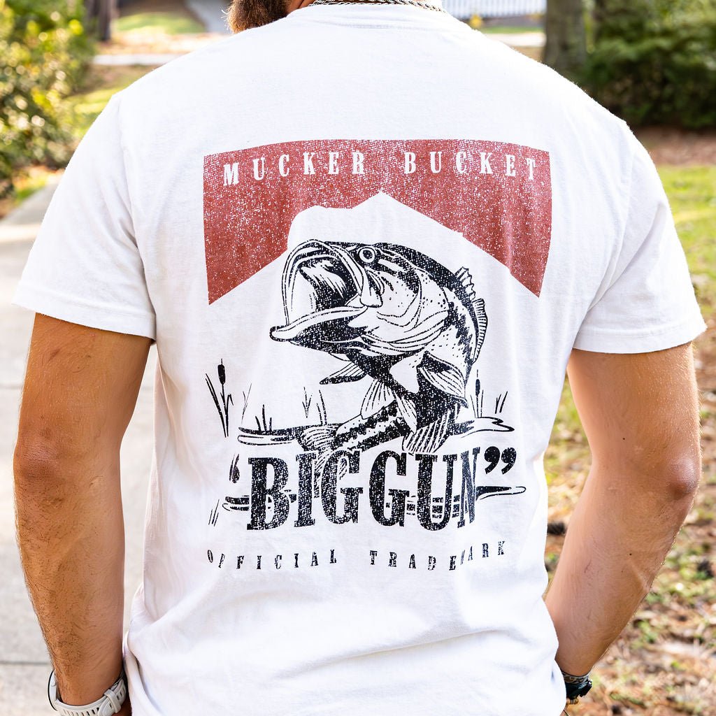 Mucker Bucket Biggun White Premium Tee | Hunting & Outdoor Graphic T-Shirt