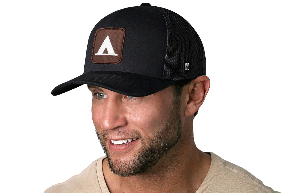 Tent Trucker Hat | Black Campground Trail Signs Snapback