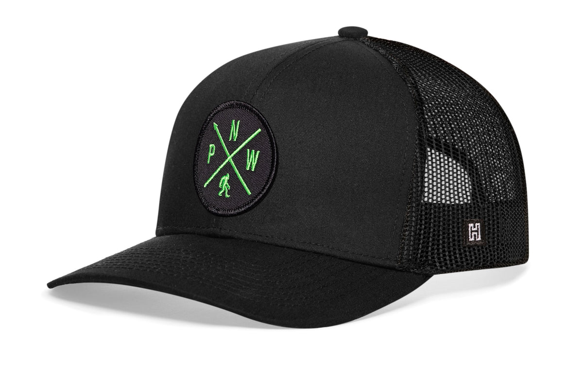 PNW Bigfoot Trucker Hat | Black Pacific Northwest Snapback