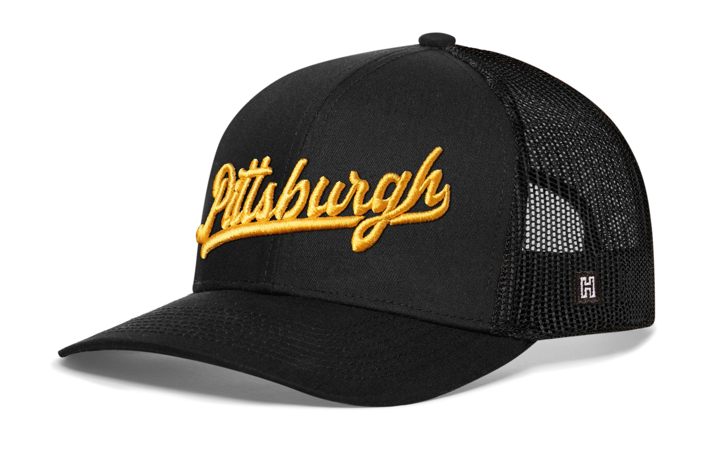 Pittsburgh Gold Script Trucker Hat | Pennsylvania Snapback