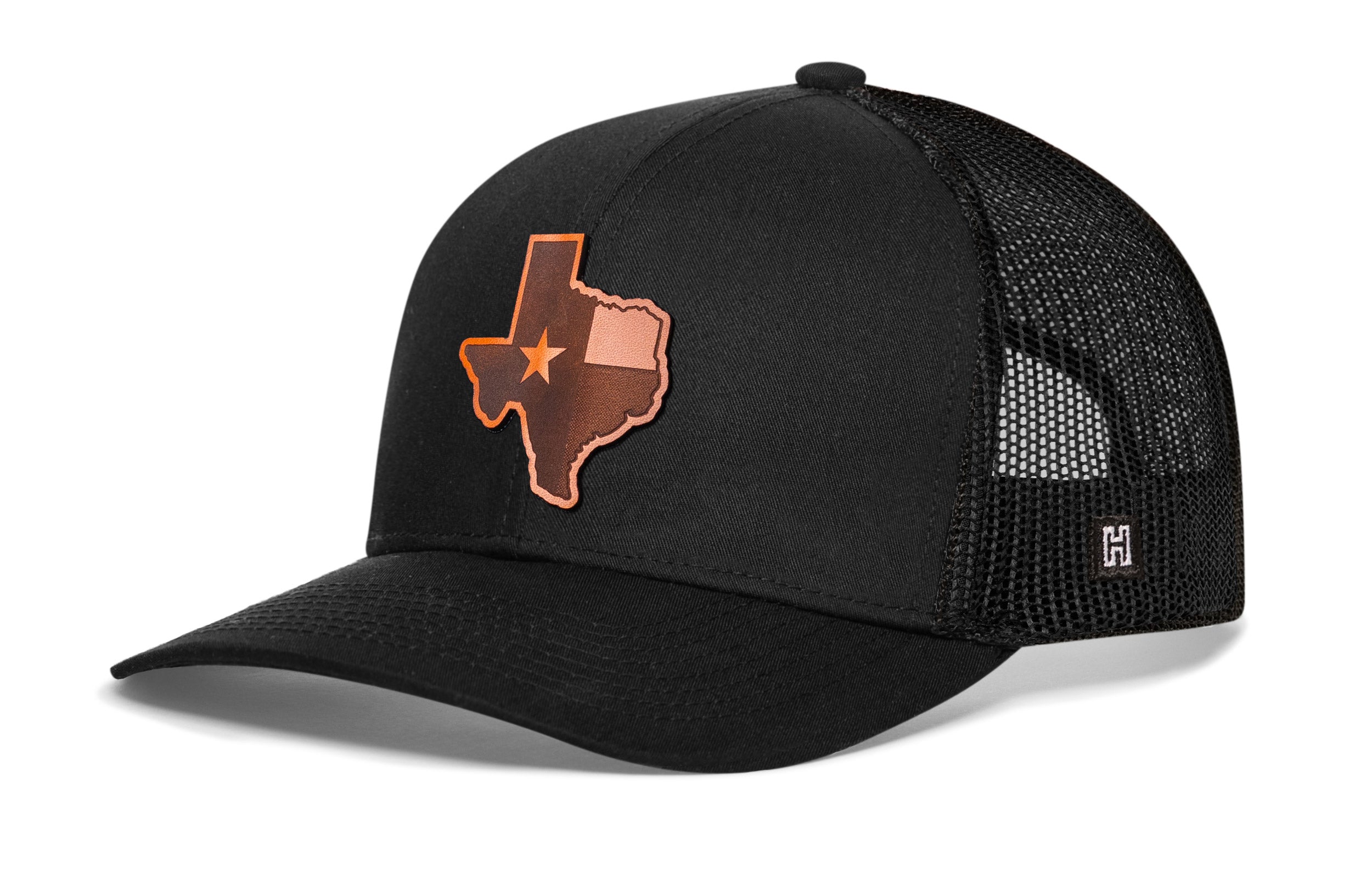 Texas Flag Trucker Hat Leather | Black Texas Flag Cut to Shape Snapback