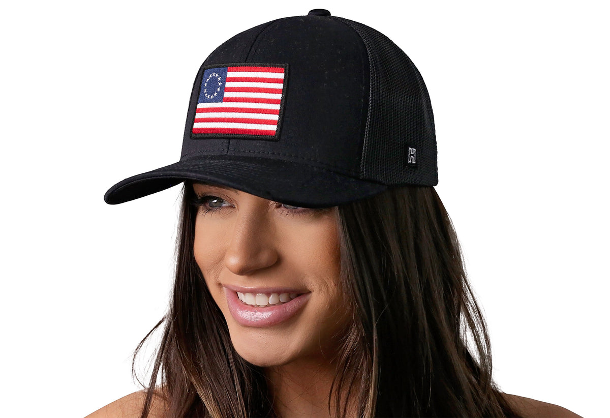 Betsy Ross Flag Trucker Hat | Black USA Snapback
