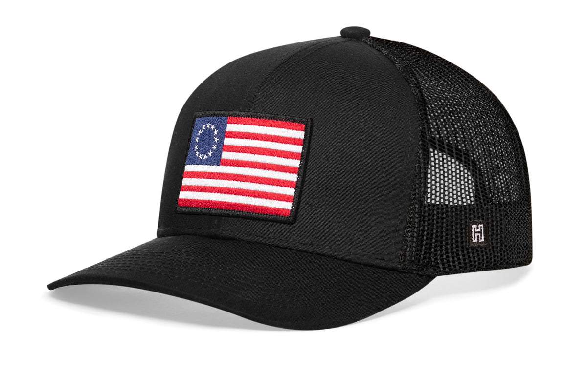 Betsy Ross Flag Trucker Hat | Black USA Snapback