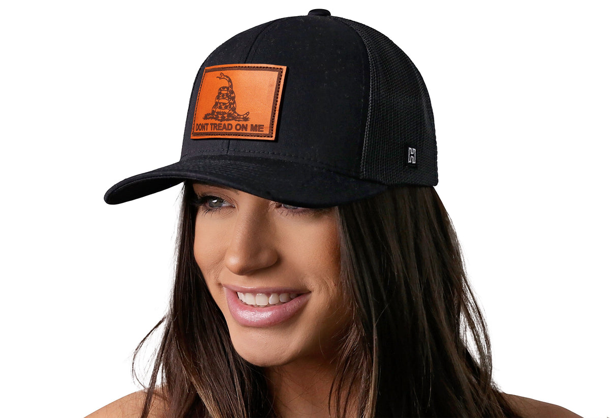 Dont Tread on Me Trucker Hat | Black Gadsden Leather Snapback