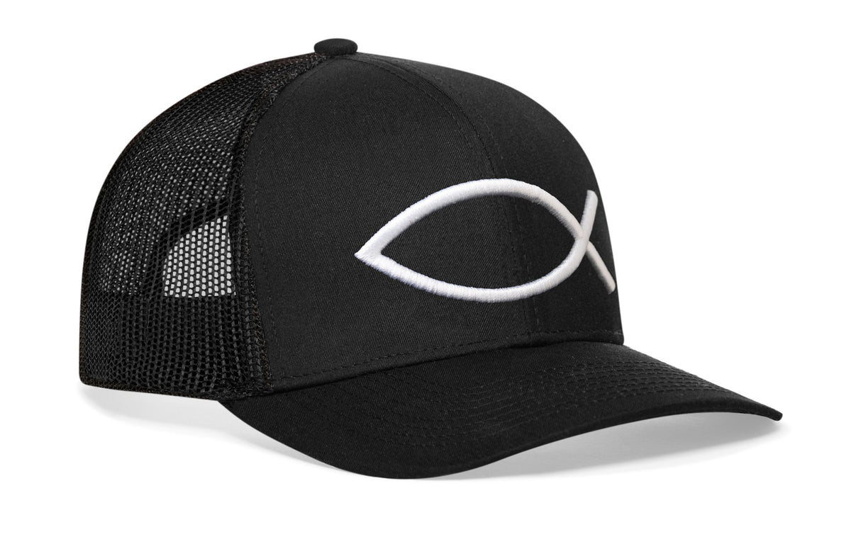 Jesus Fish Trucker Hat | Black bold ichthys Snapback