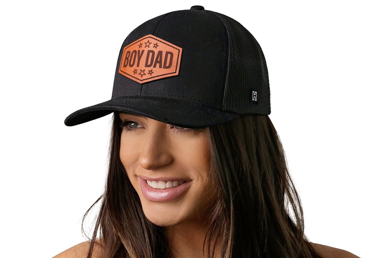 Boy Dad Leather Trucker Hat | Black Snapback