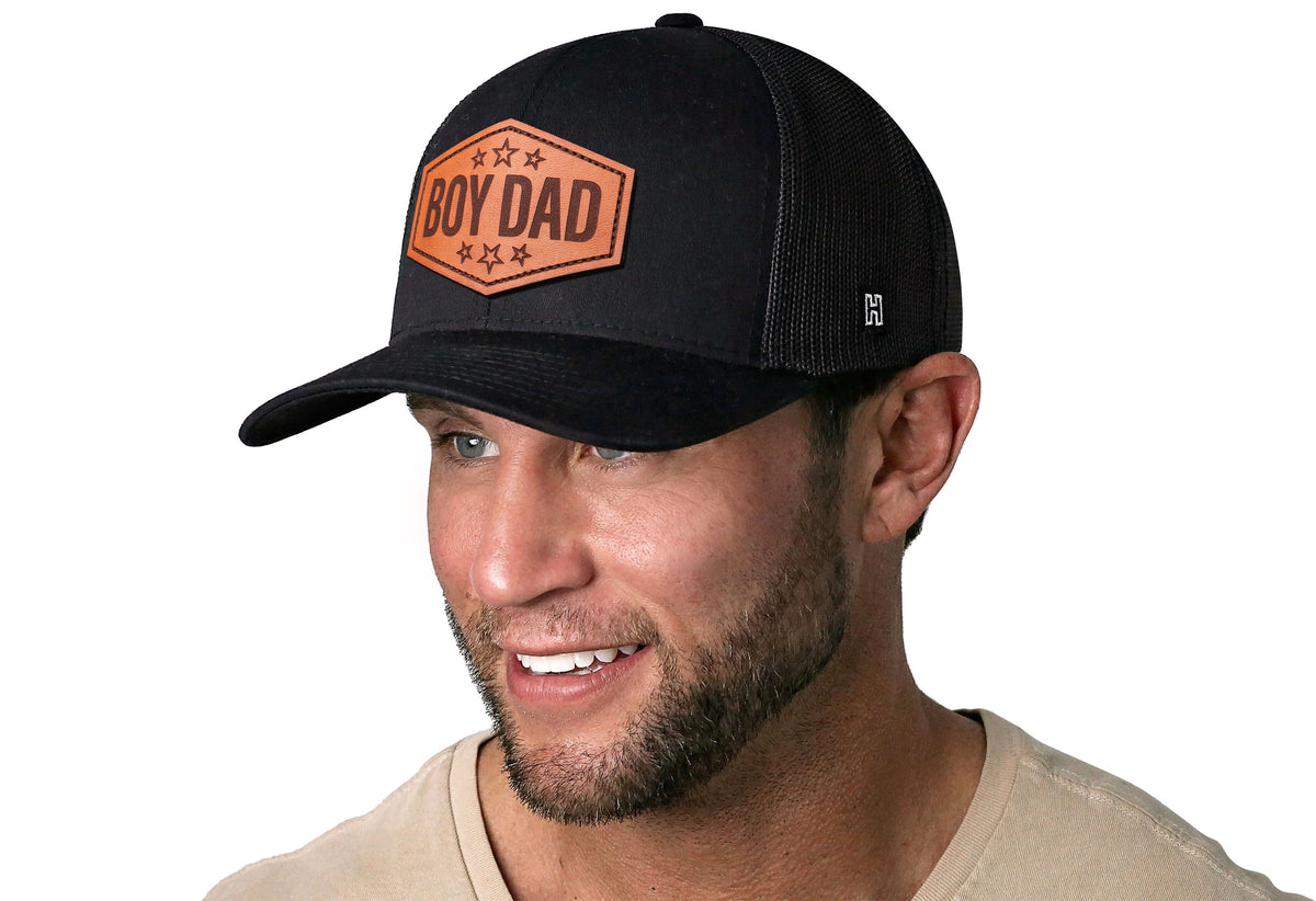 Boy Dad Leather Trucker Hat | Black Snapback