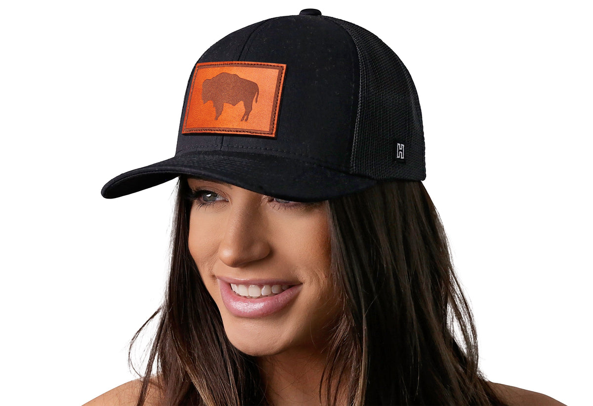 Wyoming Flag Trucker Hat Leather | Black WY Snapback