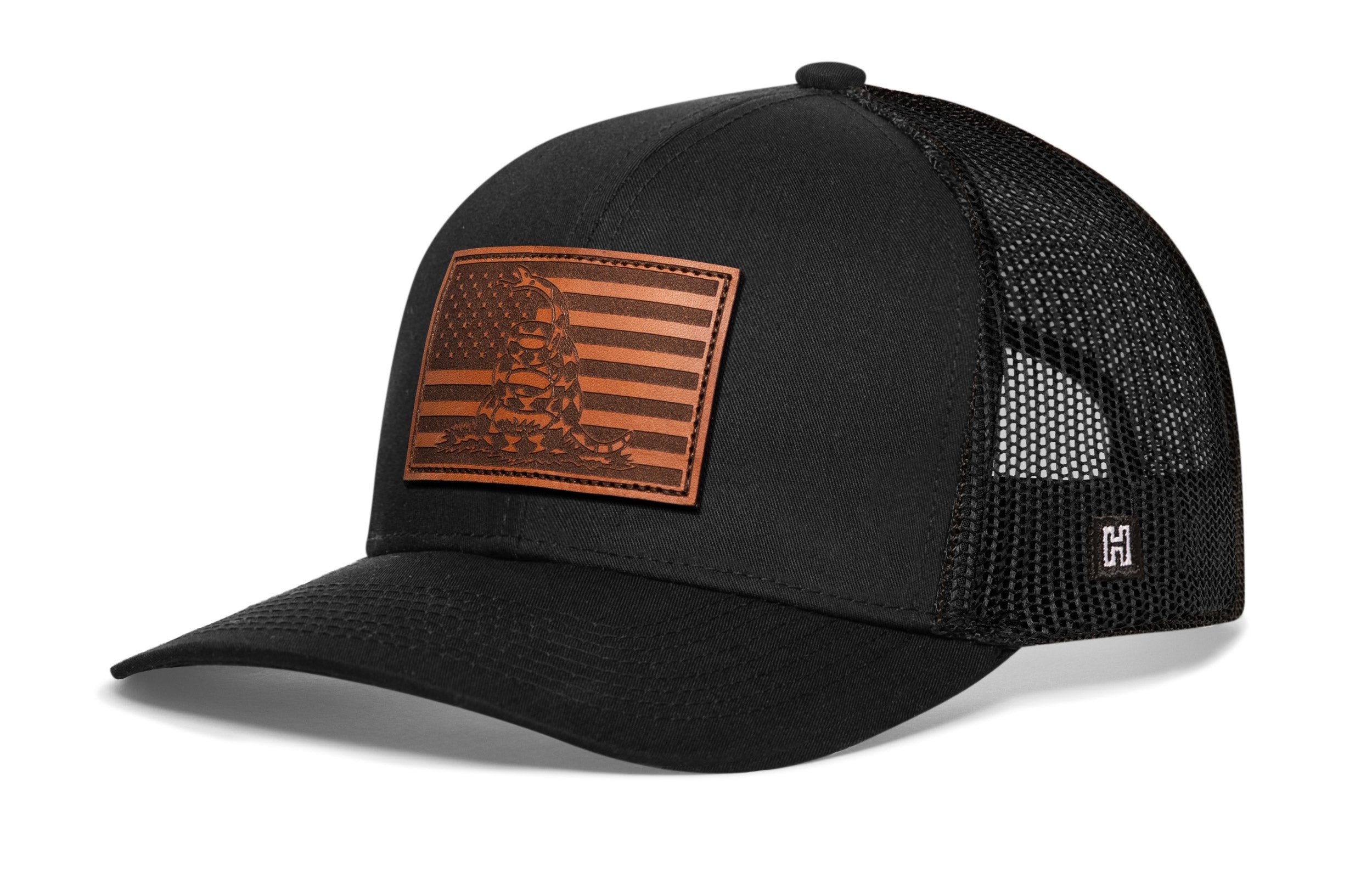 Dont Tread on Me American Flag Trucker Hat | Black Gadsden Leather Snapback