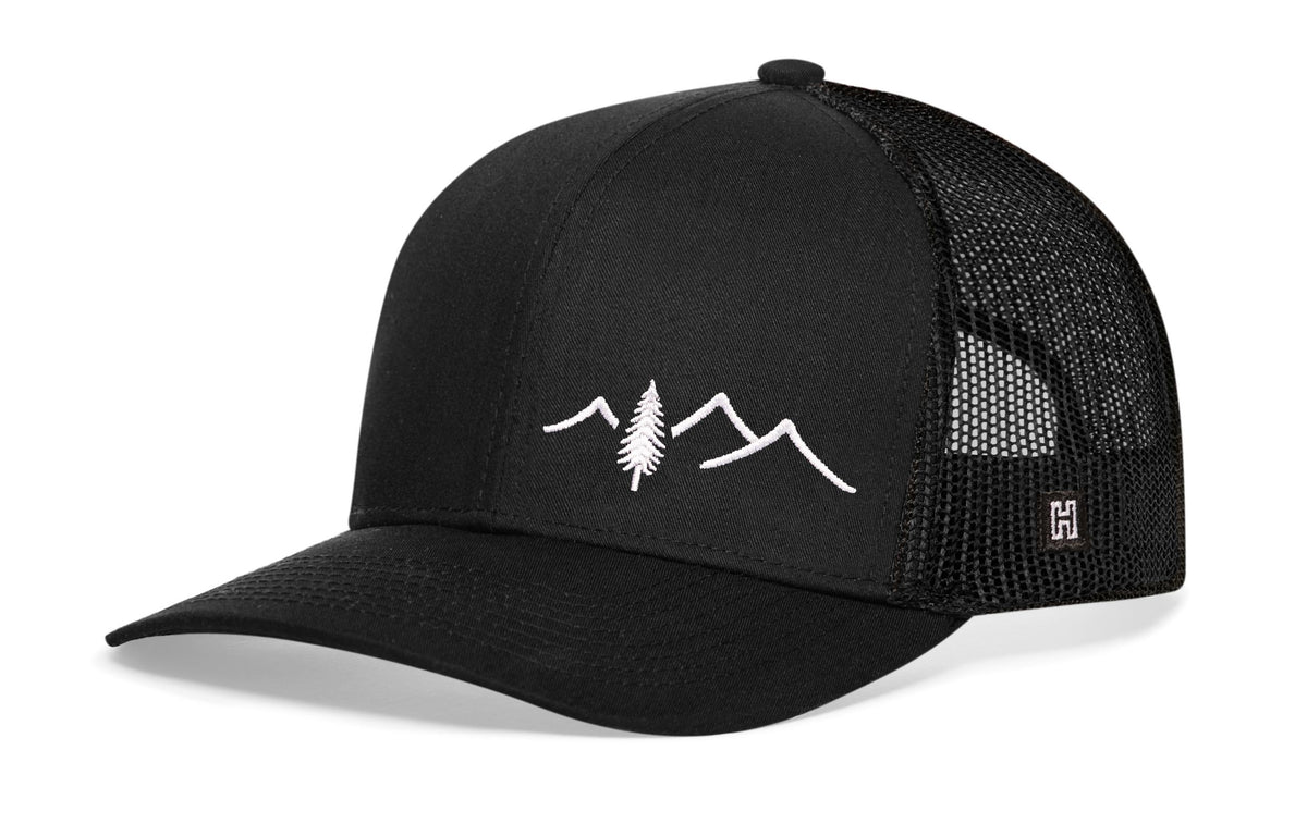 Pine Tree with Mountains Trucker Hat | Black Outdoors Snapback