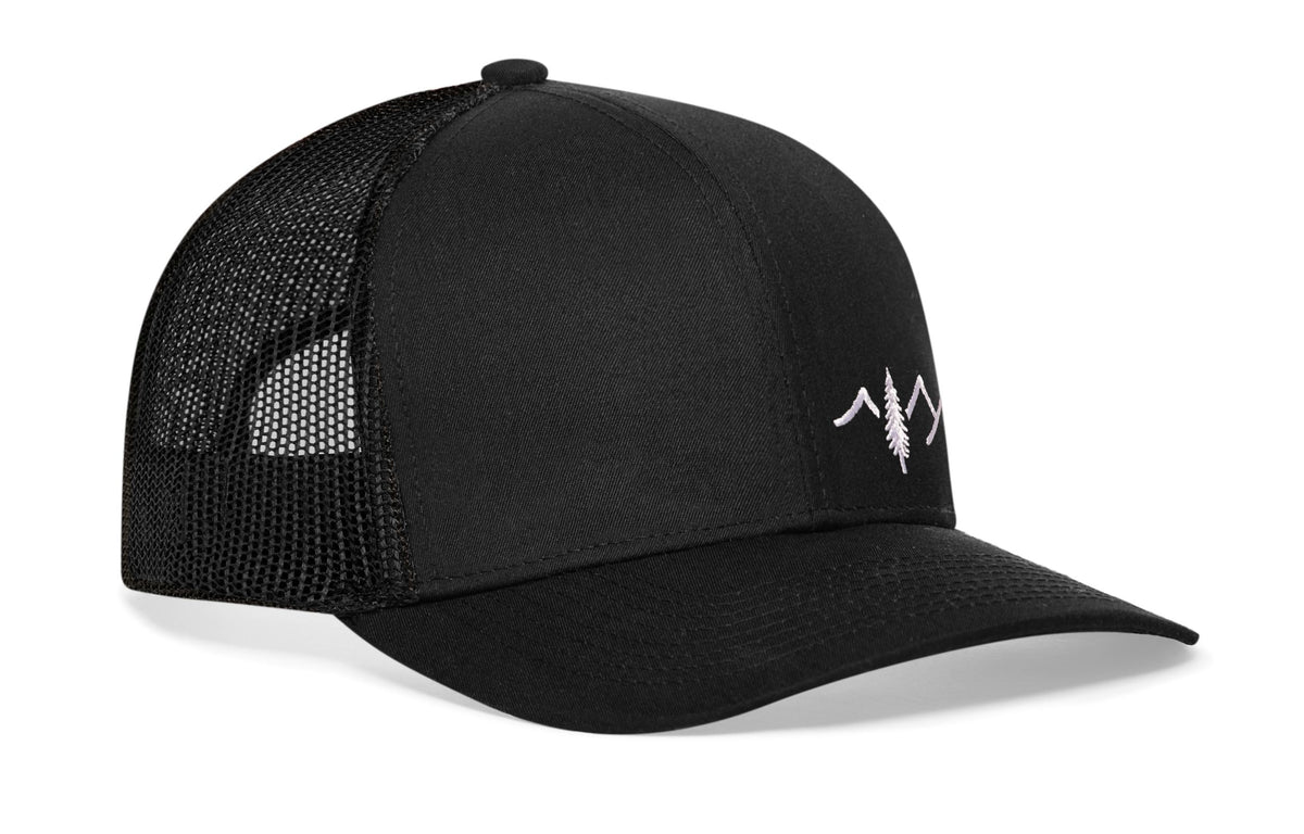 Pine Tree with Mountains Trucker Hat | Black Outdoors Snapback