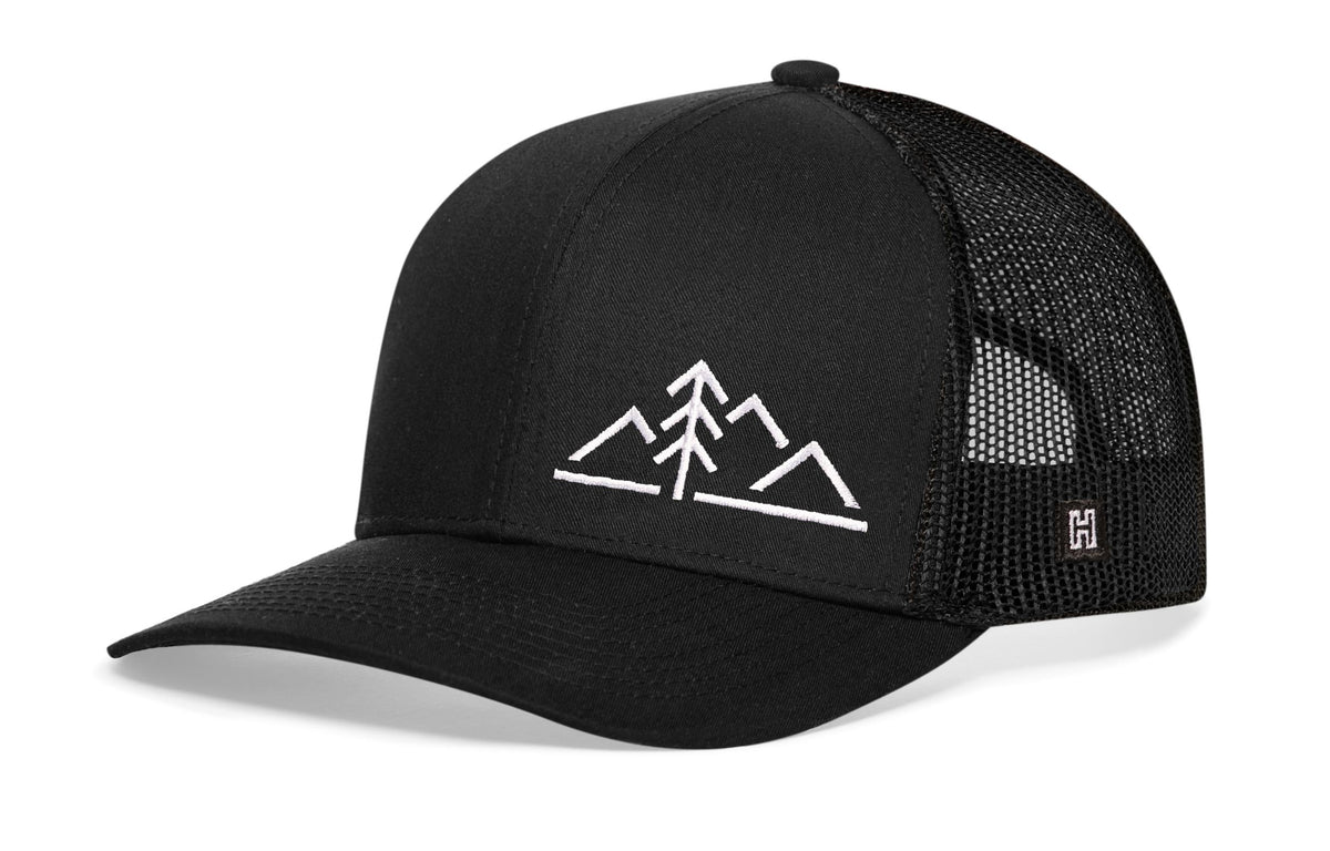 Mountains with Pine Tree Trucker Hat | Black Outdoors Snapback