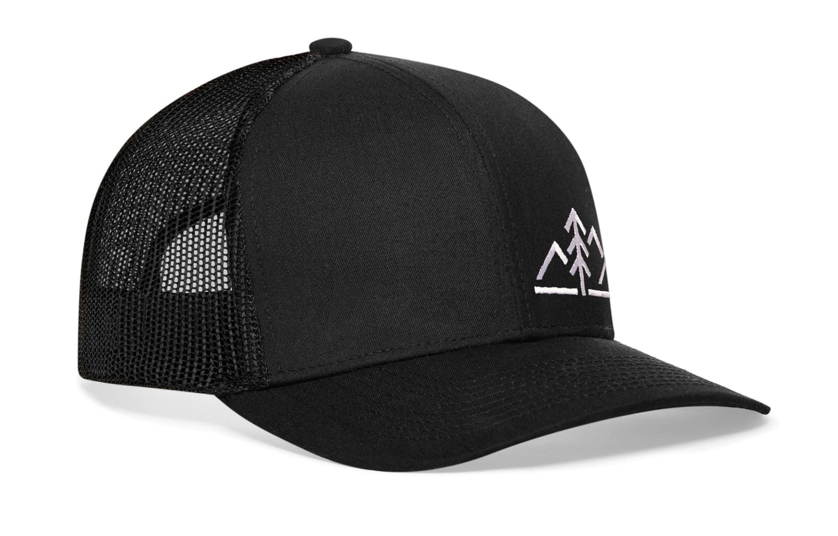 Mountains with Pine Tree Trucker Hat | Black Outdoors Snapback