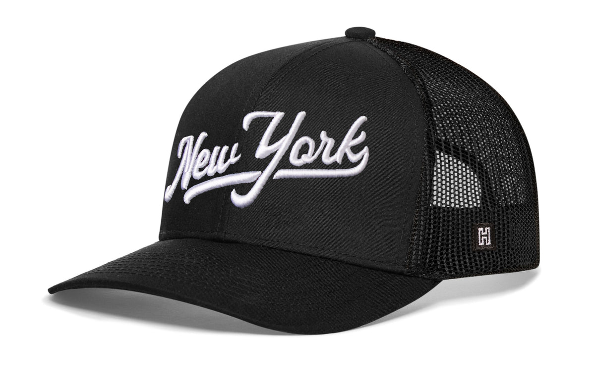 New York City White Script Trucker Hat | NY Snapback