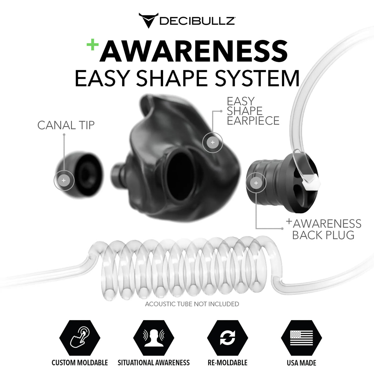 Decibullz Custom Moldable Awareness Earpiece for Clear Tube, Radio, Surveillance, and Communication Headsets