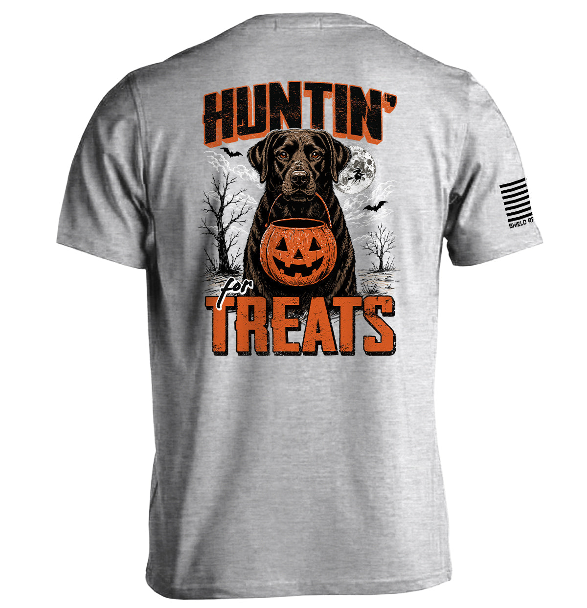 Shield Republic Huntin' For Treats Chocolate Lab | Halloween Hunting Dog Graphic T-Shirt