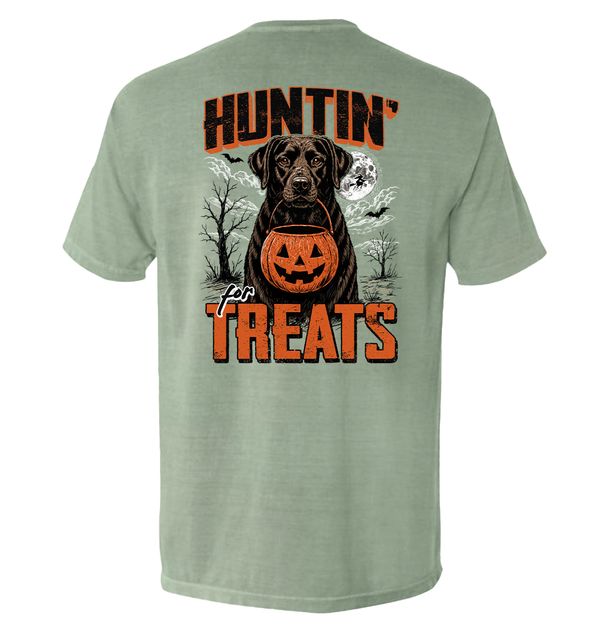 Shield Republic Huntin' For Treats Chocolate Lab | Halloween Hunting Dog Graphic T-Shirt
