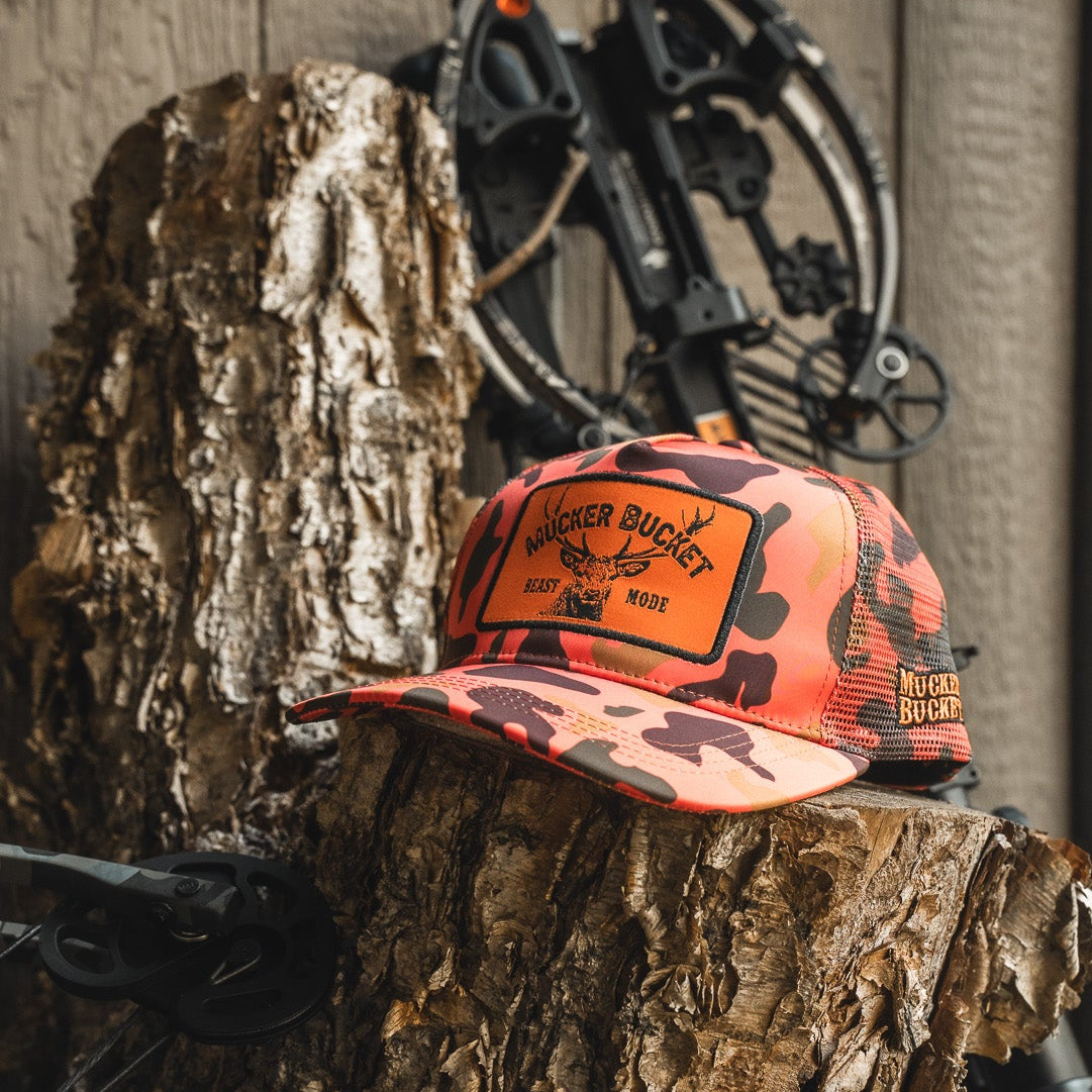 Mucker Bucket Beast Mode Orange Camo Trucker Bucket Hat