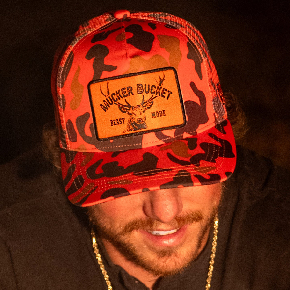 Mucker Bucket Beast Mode Orange Camo Trucker Bucket Hat