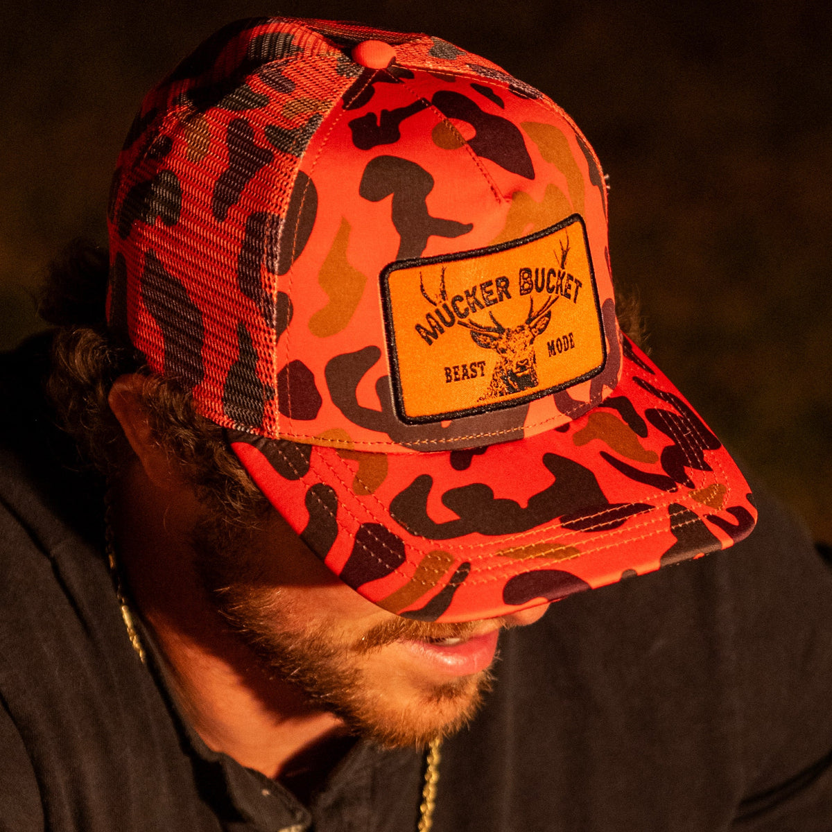 Mucker Bucket Beast Mode Orange Camo Trucker Bucket Hat