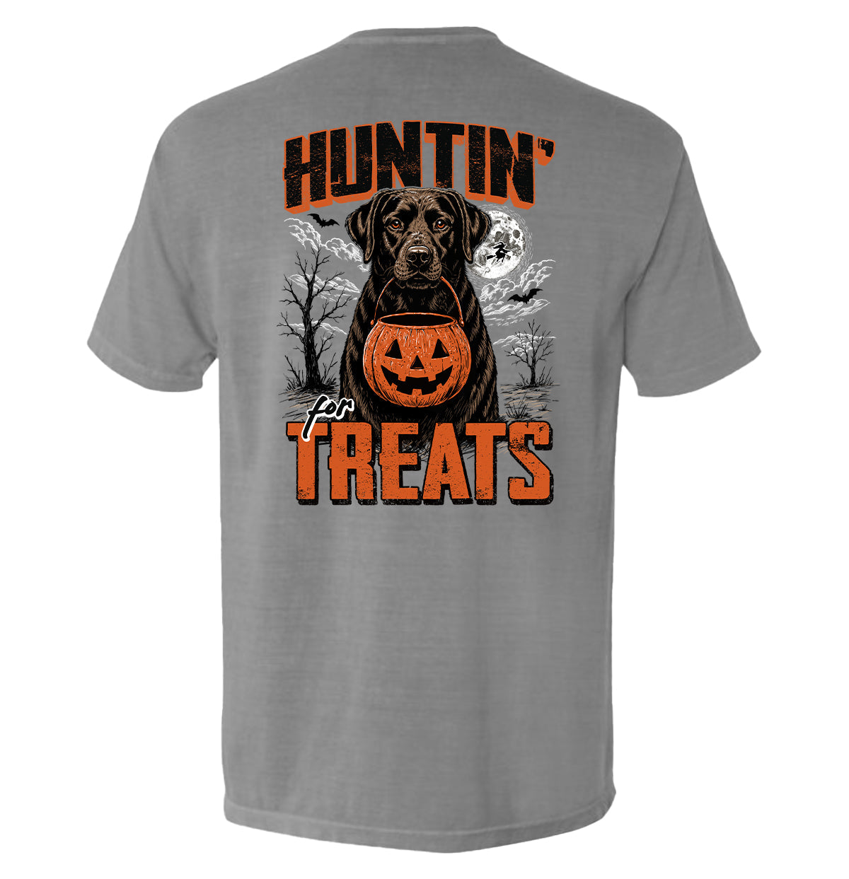 Shield Republic Huntin' For Treats Chocolate Lab | Halloween Hunting Dog Graphic T-Shirt