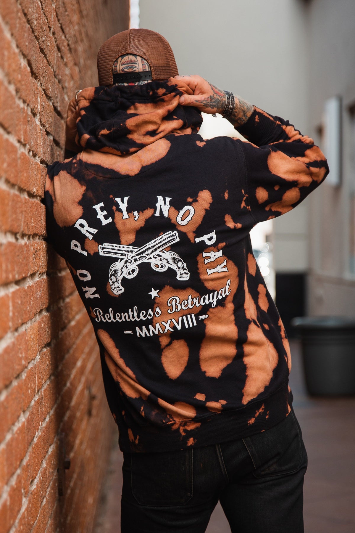 Relentless Betrayal No Prey, No Pay Bleach Wash Hoodie