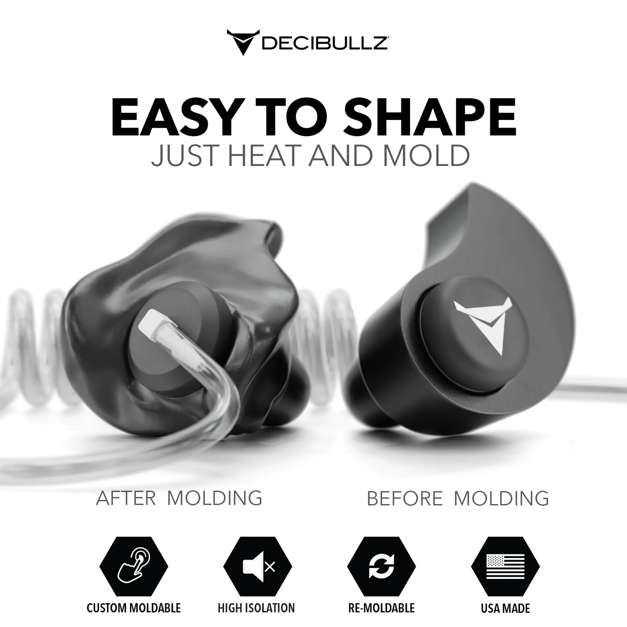 Decibullz Custom Moldable Isolation Earpiece for Clear Tube, Radio, Surveillance, and Communication Headsets