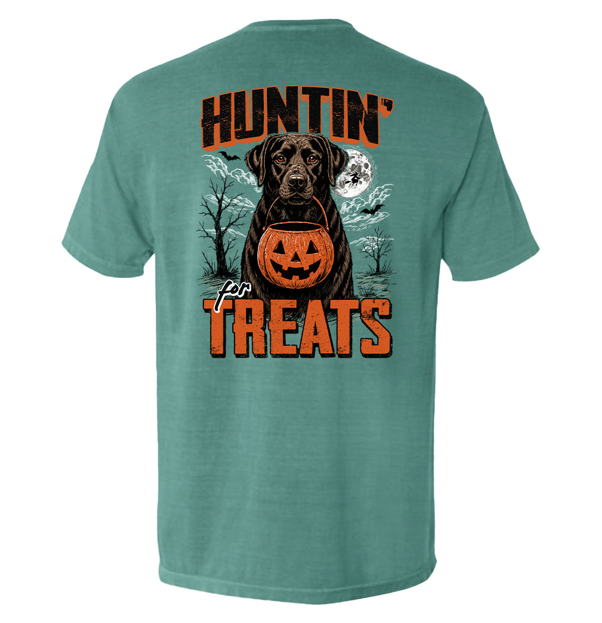 Shield Republic Huntin' For Treats Chocolate Lab | Halloween Hunting Dog Graphic T-Shirt