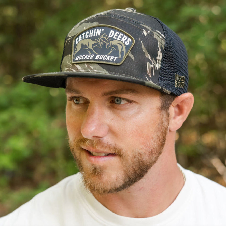 Catchin' Deers Tiger Stripe Camo Trucker Bucket