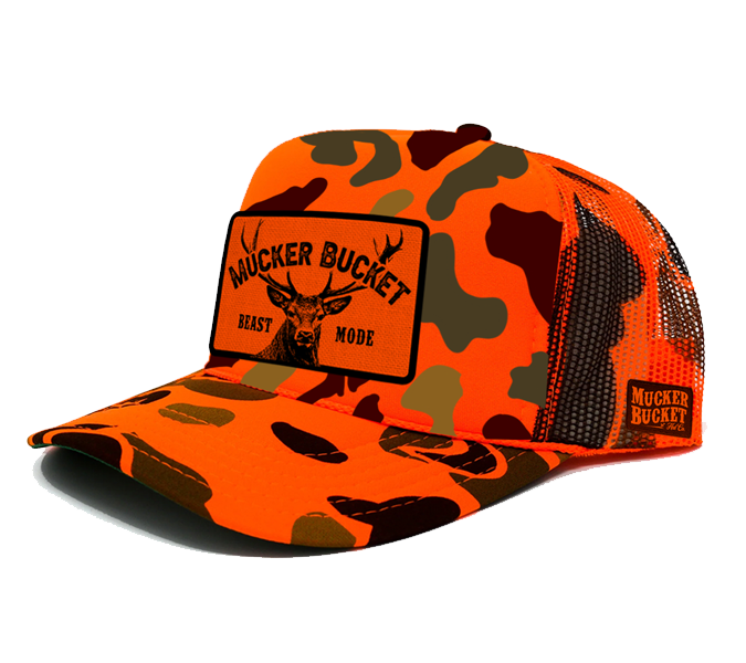 Mucker Bucket Beast Mode Orange Camo Trucker Bucket Hat
