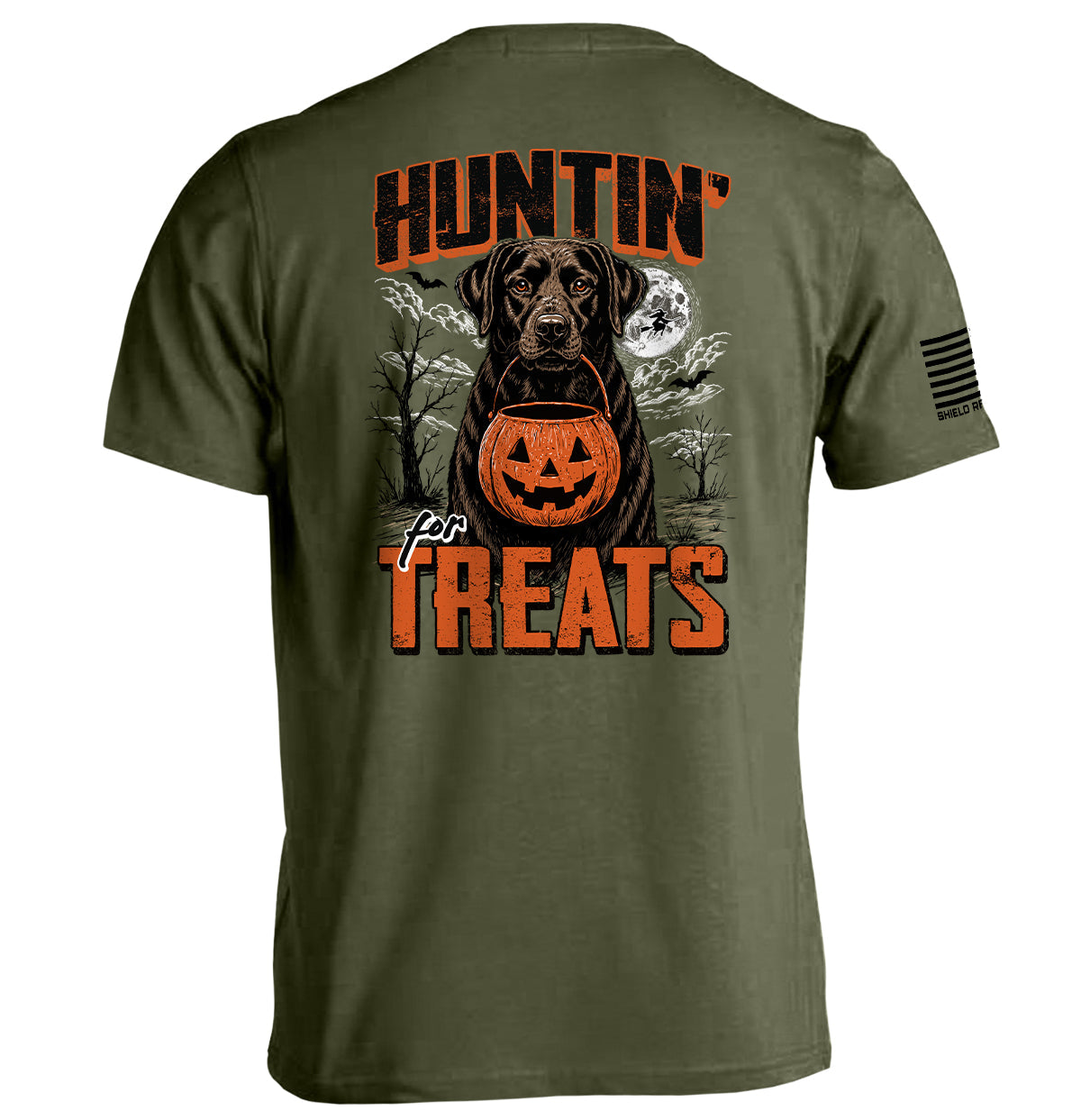 Shield Republic Huntin' For Treats Chocolate Lab | Halloween Hunting Dog Graphic T-Shirt