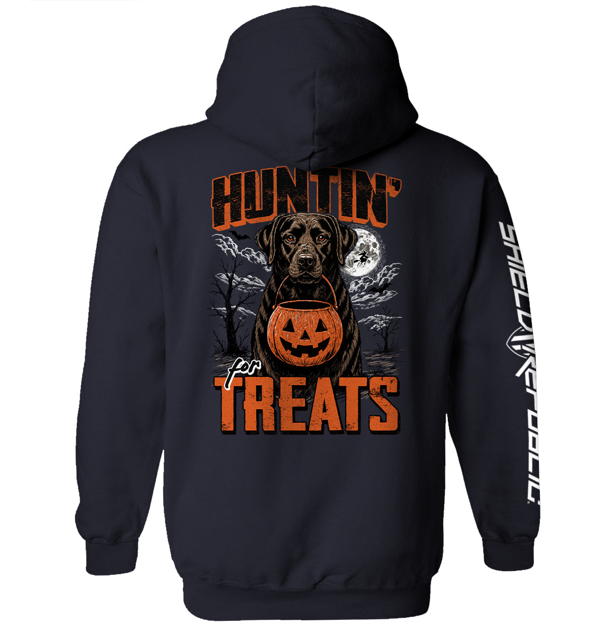 Shield Republic Huntin' For Treats Chocolate Lab | Halloween Hunting Dog Graphic T-Shirt