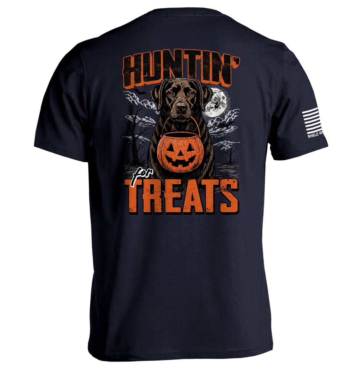 Shield Republic Huntin' For Treats Chocolate Lab | Halloween Hunting Dog Graphic T-Shirt