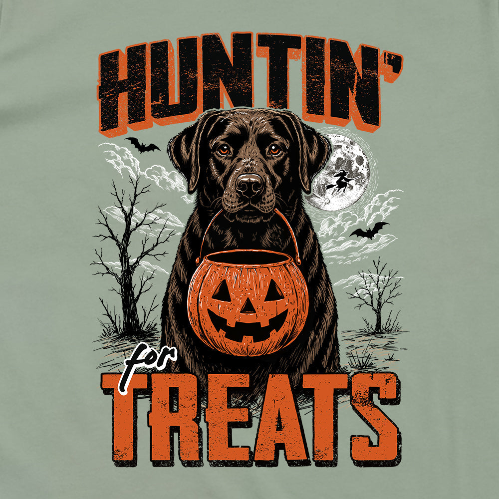 Shield Republic Huntin' For Treats Chocolate Lab | Halloween Hunting Dog Graphic T-Shirt