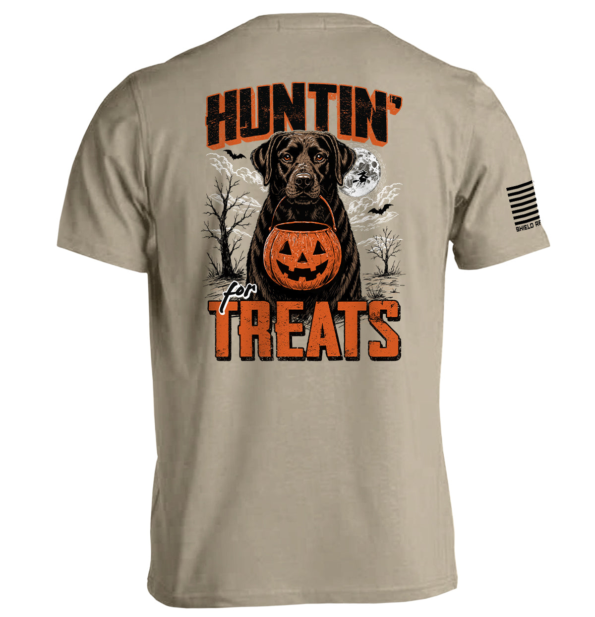 Shield Republic Huntin' For Treats Chocolate Lab | Halloween Hunting Dog Graphic T-Shirt